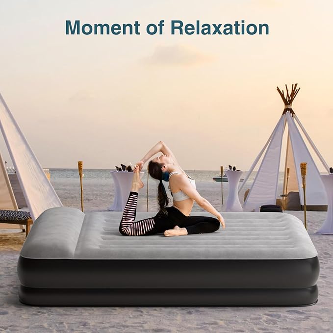 Queen Air Mattress Waterproof and Easy-to-Clean, Blow Up Mattress with Built-in Pump, Durable Inflatable Mattress with Pillow Design Suitable for Naps, Hosting a Friend and Camping