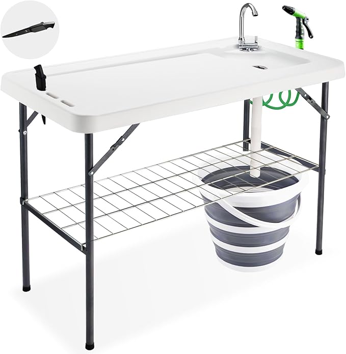 Folding Fish Cleaning Table with Collapsible Bucket, Portable Outdoor Fillet Station Camping Sink Table with Faucet, Drainage Hose & Sprayer, Grid Rack, Knife Groove for Picnic Fishing