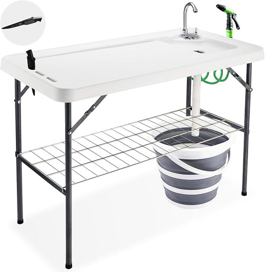 Folding Fish Cleaning Table with Collapsible Bucket, Portable Outdoor Fillet Station Camping Sink Table with Faucet, Drainage Hose & Sprayer, Grid Rack, Knife Groove for Picnic Fishing
