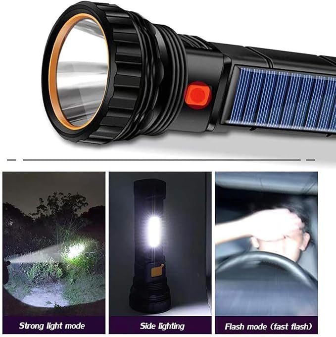 6PCS Solar/Rechargeable Multi Function 1000 Lumens LED Flashlight, with Emergency Strobe Light and 1200 Mah Battery, Emergency Power Supply and USB Charging Cable, Fast Charging