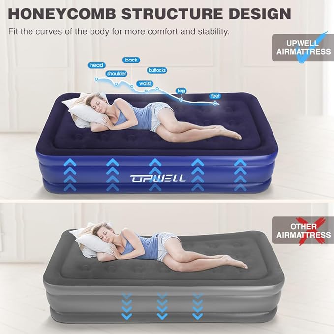 UPWELL Inflatable Air Mattress Twin with Built in Pump Comfort Blow up Bed Waterproof Fast&Easy Set up Dura Beam Strong Support Mattress for Home Guests & Camping Grey