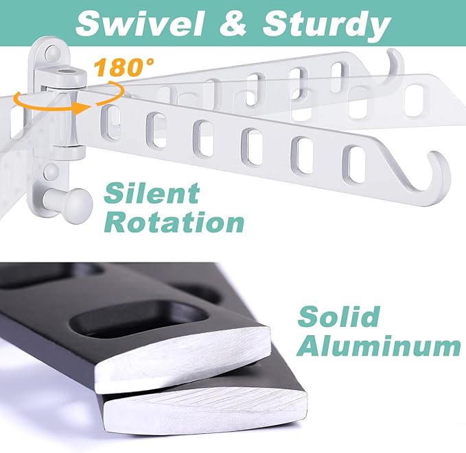 Laundry Drying Rack Wall Mounted - Swing Arm Clothes Hanger with 6-Hole, 180° Rotation Coat Hanger Holder, Foldable Valet Hook for Laundry Closet (2-Pack, White)