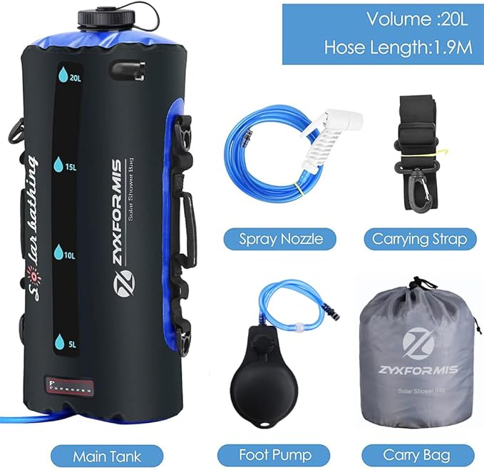 Camping Shower Bag, 5 Gal/20L TPU Material Portable Shower Bag with Foot Pump and Press-Type Shower Nozzle for Camping Beach Swimming Outdoor Traveling Hiking