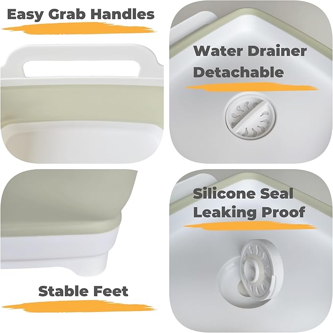 Collapsible Wash Basin for Baby Bottles - 2.4 Gallons Portable Wash Bin for RV Camping Sink, Space-Saving Dish Tub (Green)