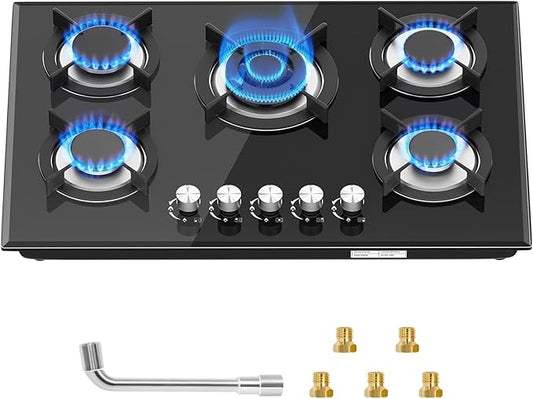 30 Inch Gas Cooktop with 5 Burners,Built-in Tempered Glass Stove Top, LPG/NG Convertible,35,900 BTU, Flame-Out Protection, Electric Ignition,Propane & Natural Gas Hob for Kitchen & RV