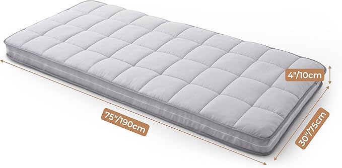 4Inch Cot Mattress Topper,Narrow Twin Gel Infused Memory Foam,Machine Washable Pillow Top Cover,Roll Up Floors Mat,Portable Folding Sleep Pad(75 X 30“)