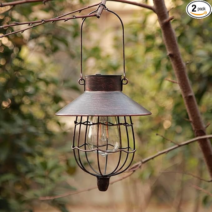 YAKii 2 Pack Solar Lantern Hanging Waterproof Outdoor Metal Solar Lamp with Warm White Light Decorate for Yard Garden Pathway Patio Porch Decor (Antique Copper)
