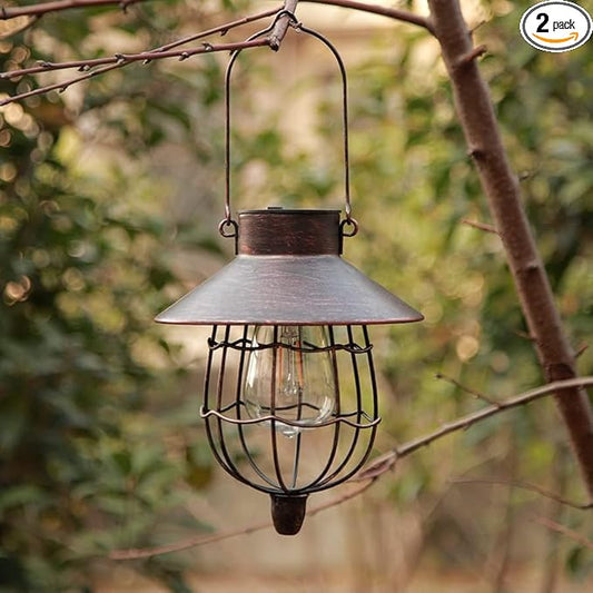 YAKii 2 Pack Solar Lantern Hanging Waterproof Outdoor Metal Solar Lamp with Warm White Light Decorate for Yard Garden Pathway Patio Porch Decor (Antique Copper)