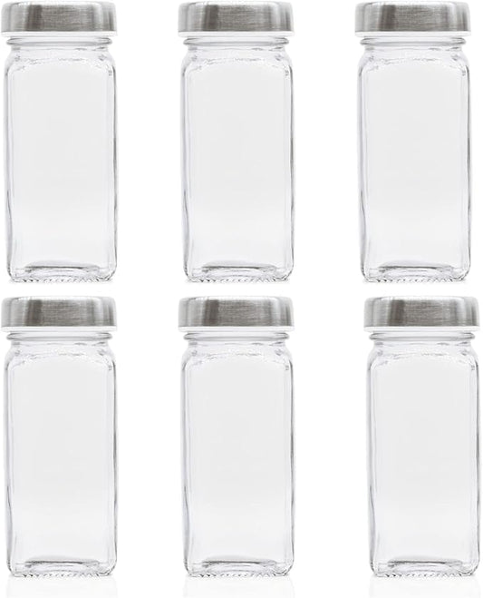 6pcs Spice Jars, 4 oz Glass Seasoning Bottles, Spices Container, Empty Spice Jars, Square Spice Bottles with Airtight Stainless Steel Caps with Shaker Lid