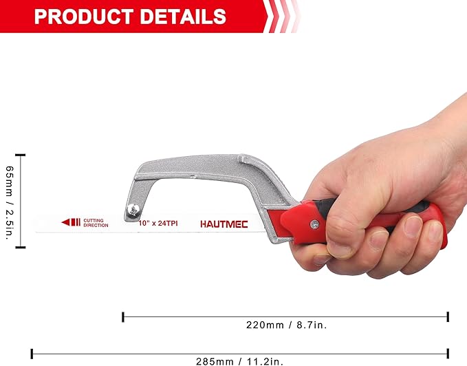 HAUTMEC Mini Hacksaw Small Hand Saw for Wood Metal Plastics Cutting Professional Hack Saw With 1 Pcs Bimetal Hss Blade, Especially Cuts In Tight Hard-Reach Spaces HT0035-PL