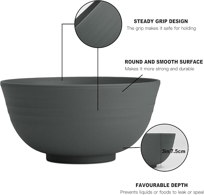 Hoimenly Wheat Straw Bowls, Unbreakable Cereal Bowl Set of 8, 26 OZ Bowls for Kitchen, Camping, Party, Microwave and Dishwasher Safe Bowls Set, Alternatives to Plastic Bowl(Dark Grey)