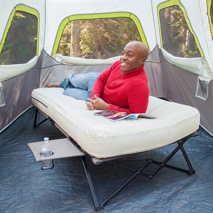 Coleman Queen-Size Airbed Cot Combination, Folding Air Mattress with Steel Frame & Side Table, Battery Pump Included, Great for Camping, Lounging, Elevated Sleeping, Guests, & More
