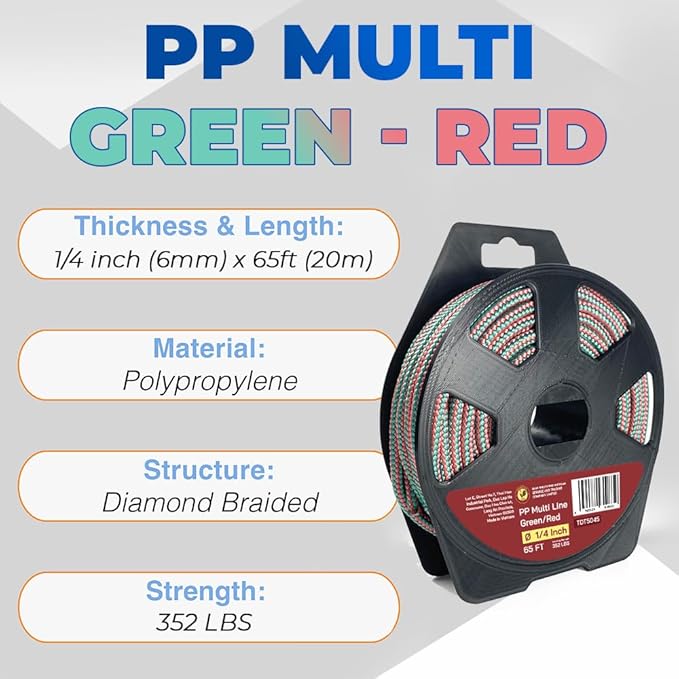 1/4" x 65' (6 mm x 20 m) 16 Strand Strong Heavy-Duty Tactical Paracord, Clothes Line Camping Utility - All-Purpose Lightweight Diamond Braid Rope for Tie, Pull, Swing, Knot