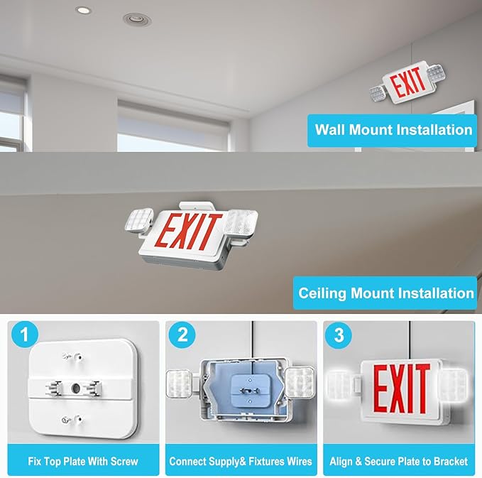 Double Sided LED Emergency EXIT Sign, Remote Capable, Two LED Flood Lights, Backup Battery, US Standard Red Letter Emergency Exit Lighting, Commercial Grade, 120-277V, FireResistant(UL 94V-0) (6 Pack)