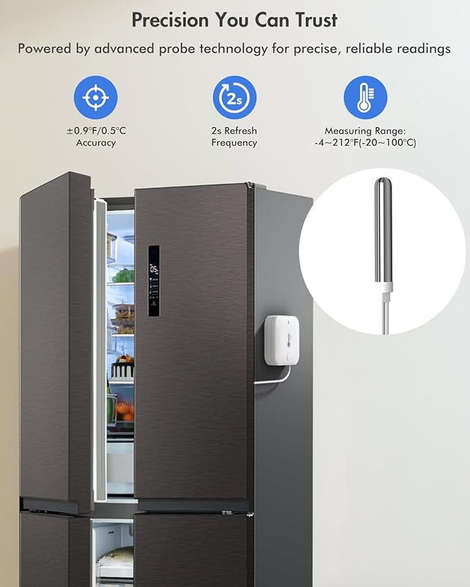 WiFi Refrigerator Thermometer with Alarm, Freezer Alarm with App Notifications, Digital Fridge Thermometer with Loud 90dB, 2 Remote Wireless Temperature Sensors for Home Kitchen Fridge Fish Tank