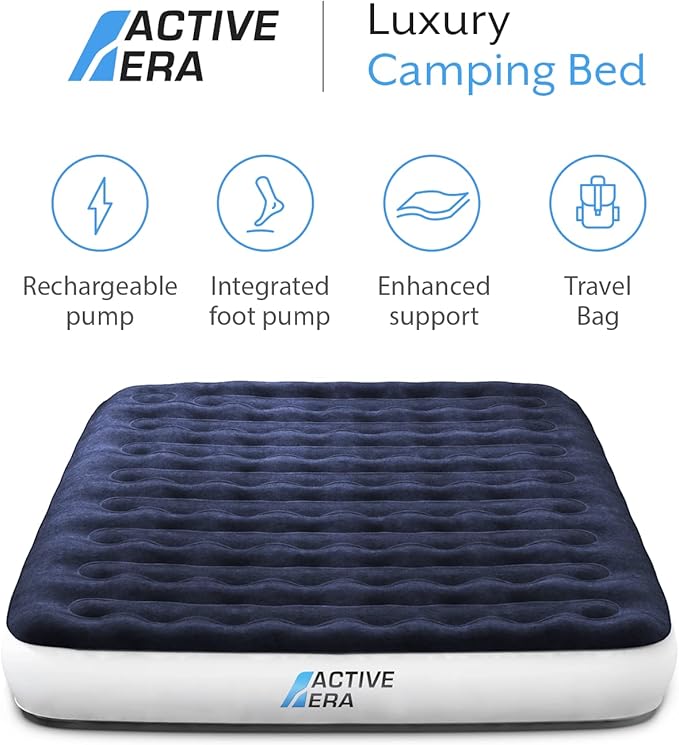 Active Era Luxury Camping Air Mattress with Built in Pump - Queen, USB Rechargeable Pump, Travel Bag for Tent Camping