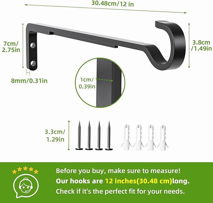 12 Inch Black Heavy Duty Outdoor Plant Hangers for Hanging Baskets, Iron Hanging Plant Brackets for Hanging Plants Outside, Metal Plant Hooks Plant Wall Hooks for Hanging Lantern, Bird Feeder (2 pcs)