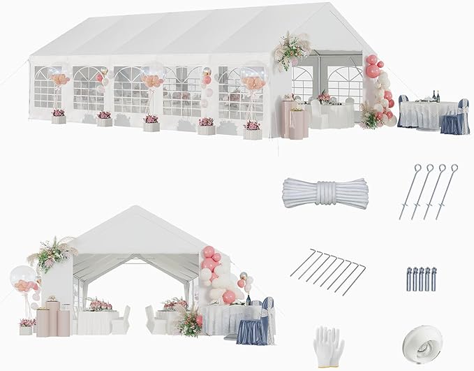 Aoxun 32x16 Party Tent Canopy for Weddings Waterproof Event Tent with Removable Sidewalls &Roll-up Door, Heavy-Duty Steel Frame for Outdoor Weddings, BBQ, Birthday Parties, & Camping,White