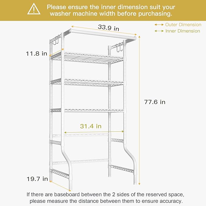Ulif U11 Over Washer and Dryer Shelves, 3 Tiers Laundry Room Storage and Organizer Standing Shelf, Metal Freestanding Clothes Drying Rack, 33.9" W x 19.7" D x 77.6" H, White