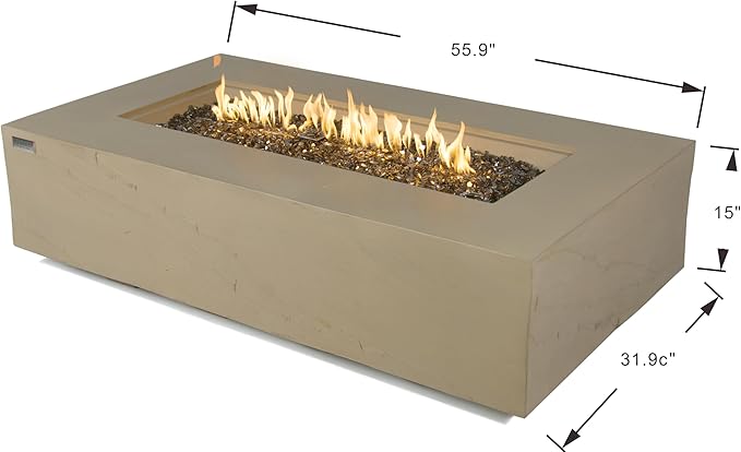 Elementi+ | Bundle Colorado Gas Fire Pit Cast Concrete 56" Rectangular Fire Table | Electronic Ignition | Canvas Cover, Fire Glass and Burner Lid Included | Sunlight Yellow | Propane Gas