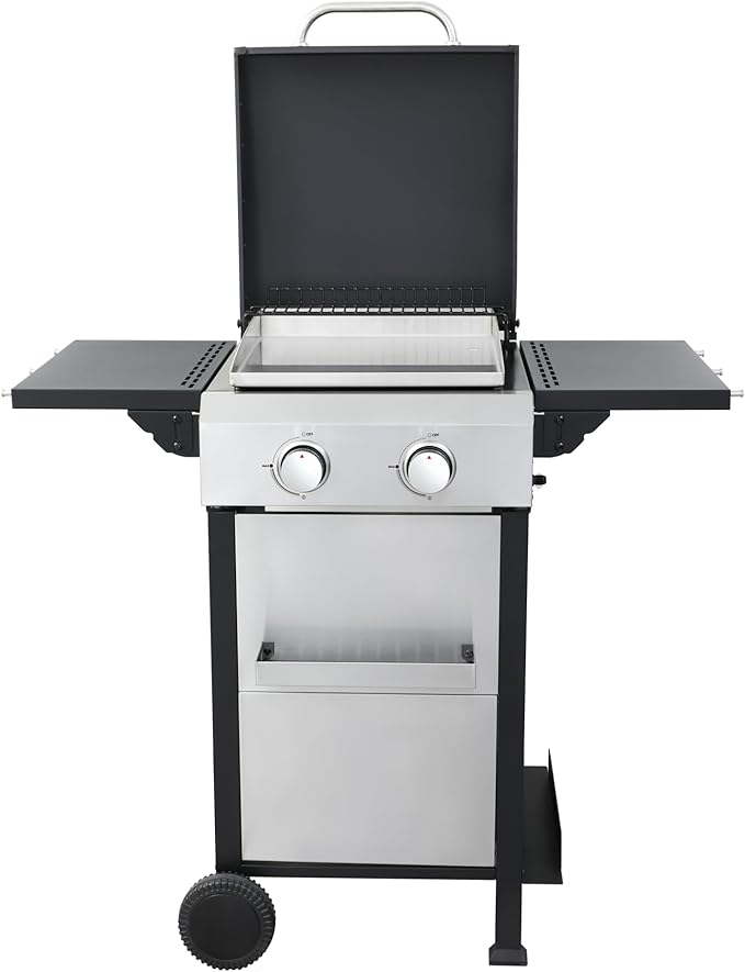 2-Burner Portable Propane Gas Grill with Stainless Steel Plancha Griddle - 24600 BTU Outdoor BBQ Grill with Foldable Side Shelves, Enamel Cooking Grids & Tool Hanging Basket
