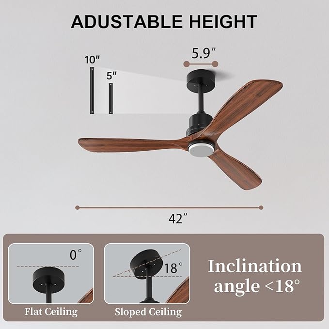 Obabala 42IN Ceiling Fans with Lights and Remote 3 Wood Blades Outdoor Ceiling Fans Noiseless DC Motor Modern Ceiling Fan for Patios Indoor Outdoor (Walnut, 42IN)