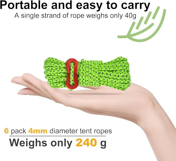 16.4ft 6 Pack 4mm Guy Lines Ultralight Tent Cords with Aluminum Adjuster Tensioner Outdoor Camping Guylines Ropes for Tent Tarp,Climbing,Hiking Backpacking (Green)