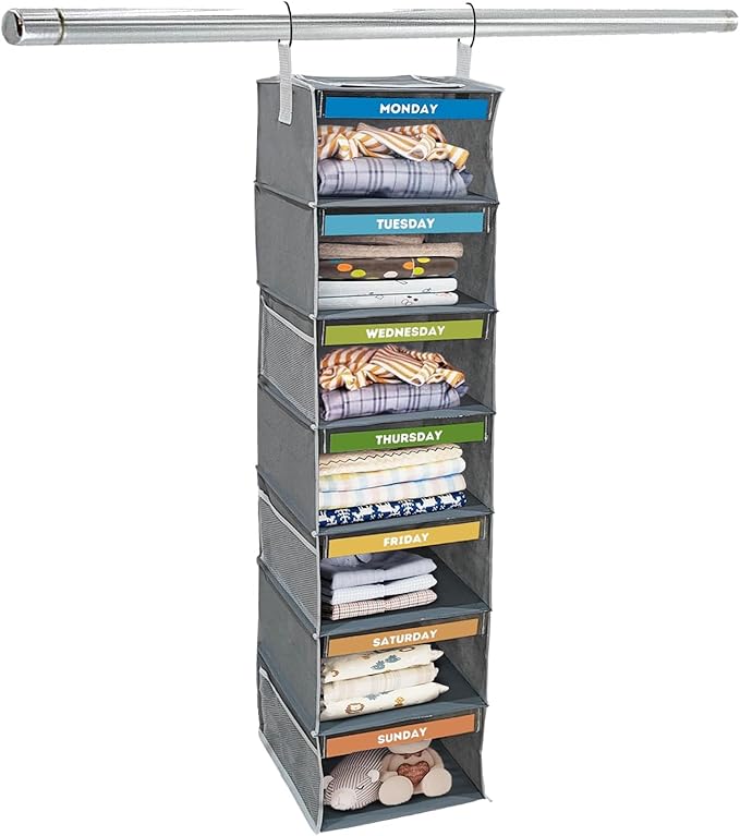 7 Shelves Hanging Closet Organizer, a Shelf for Every Day of The Week, Foldable Hanging Storage with Side Pockets, Clothes Storage for Bedroom, Weekly Clothes Organizer for Kids