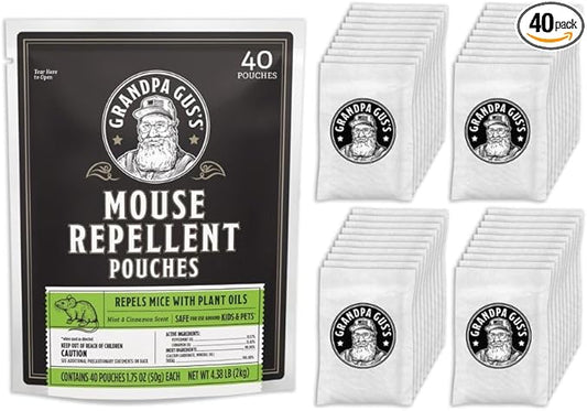 Grandpa Gus's Natural Mouse Repellent Pouches, Cinnamon/Peppermint Oils Repel Mice from Nesting & Freshen Air in Home/Cabin/Boat/Car/Storage/RV/Machinery/Shed, 1.75 Oz (40 Pouches)