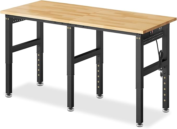 72” Adjustable Height Workbench, 5000 LBS Heavy Duty Table Rubber Wood Workstation with Power Outlet & Pegboard for Garage, Office, Workshop, Home,Commercial