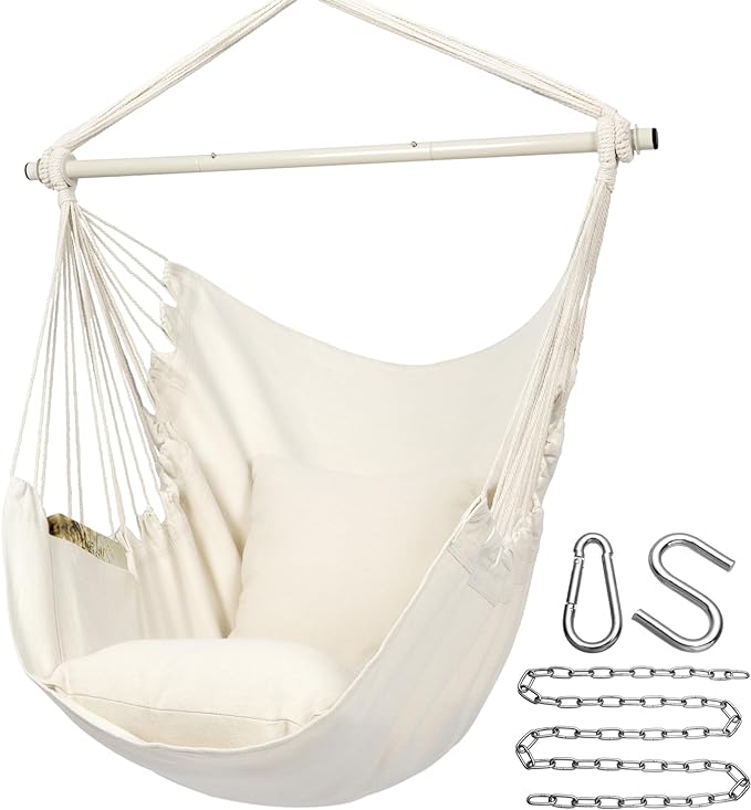 Y- STOP Hammock Chair Hanging Rope Swing Chair, Max 500 Lbs, 2 Seat Cushions Included, Removable Steel Spreader Bar with Anti-Slip Rings for Indoor or Outdoor(Beige)
