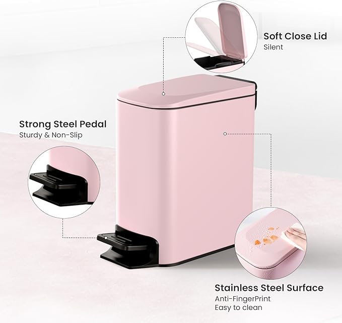 Cesun Small Bathroom Trash Can with Lid Soft Close, Step Pedal, 6 Liter / 1.6 Gallon Stainless Steel Garbage Can with Removable Inner Bucket, Anti-Fingerprint Finish (Pink)