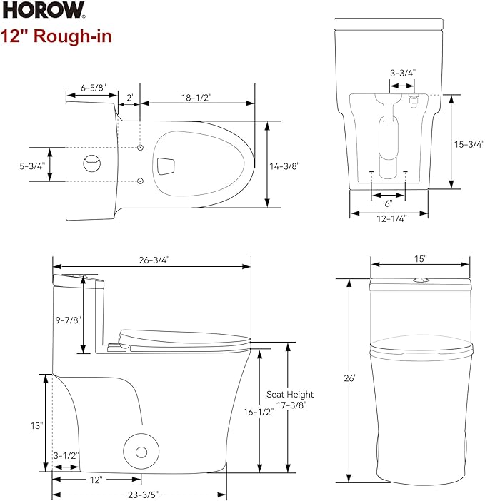 HOROW T0338W Compact One Piece Toilet with Comfort Chair Seat ADA Height 17.3", Elongated Dual Flush 0.8/1.28 GPF and MAP 1000g, Standard White Toilet Bowl