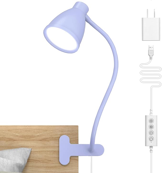 BOHON Desk Lamp with Clamp, 10W 38 LED Clip on Light, 5 Color 10 Brightness Auto Off Timer, Flexible Gooseneck Clip Lamp, Desk Lights for Office Home Bed Bedside Reading, Lilac Purple