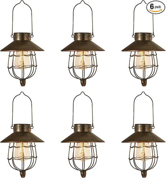 YAKii 6 Pack Solar Lantern Hanging Waterproof Outdoor Metal Solar Lamp with Warm White Light Decorate for Yard Garden Pathway Patio Porch (Antique Copper)