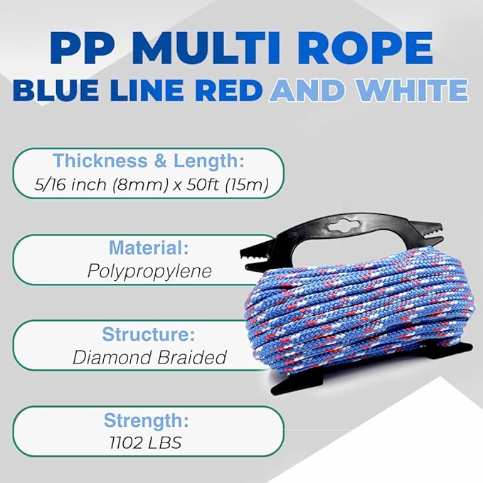 Braided Polypropylene Rope, 5/16" x 50FT, Blue/White/Red - Multi-Purpose for Camping, Hiking, Climbing, Boating & Securing Gear