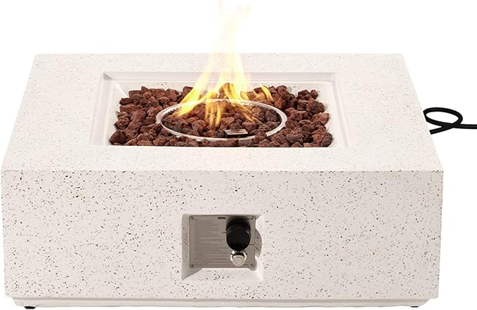 COSIEST Outdoor Propane Fire Pit Coffee Table w Square Faux Stone 35-inch Base, 50,000 BTU Stainless Steel Burner, Free Lava Rocks and Rain Cover