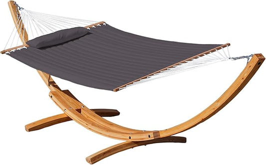 Lazy Daze Hammocks 12 FT Double Quilted Fabric Hammock and 13 FT Natural Wooden Arc Stand, with Spreader Bar, Removable Pillow, 2 Person Hammock for Outdoor Patio Outdoor, 450 lb Capacity, Dark Gray