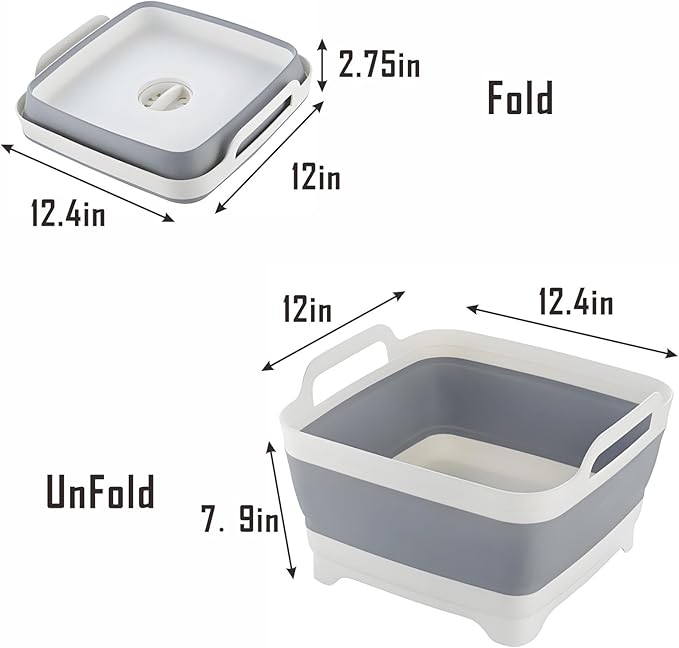 Collapsible Dish Basin with Drain Plug, 9L 2.4 Gallon Portable Wash Basin Dishpan Space Saving Dish Washing Tub Foldable Sink Tub Kitchen Storage Tray Grey