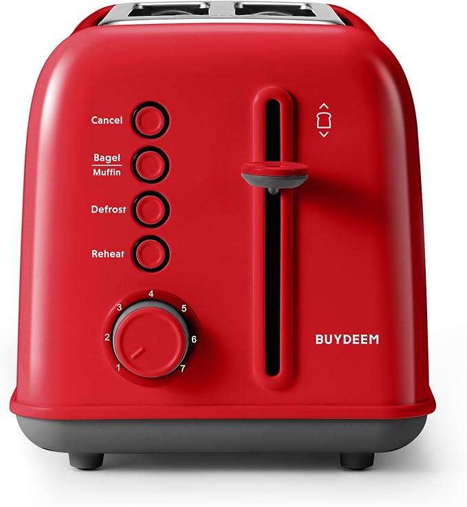 BUYDEEM DT620 2-Slice Toaster, Extra Wide Slots, Retro Stainless Steel with High Lift Lever, Bagel and Muffin Function, Removal Crumb Tray, 7-Shade Settings,Red
