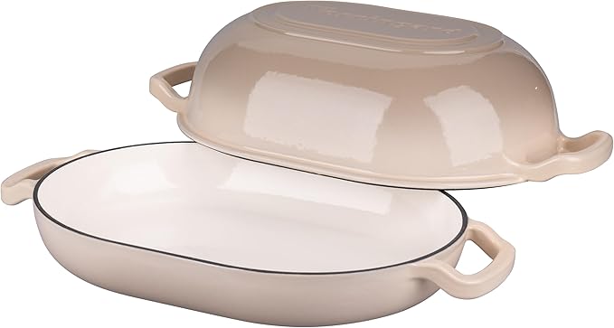 Enameled Cast Iron Sourdough Bread Oven, Dutch Oven, Loaf Cast Iron Bread Pan for Homemade Bread Baking, Meatloaf Pan with Lid, 7QT, Latte
