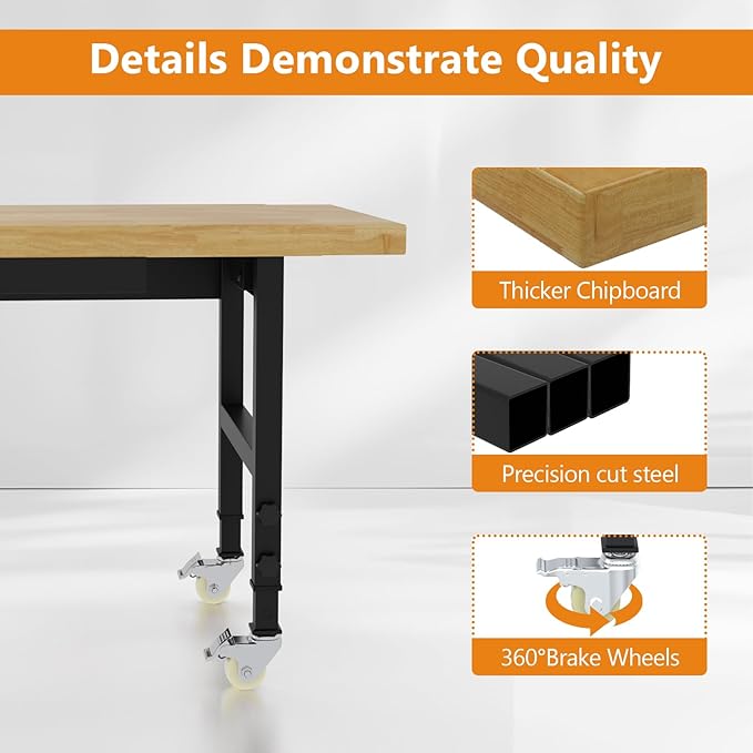 60" Work Bench with Wheels, Adjustable Height Workbench with Drawers, Heavy-Duty Work Table with Power Outlets, 2000 LBS Capacity Workstation for Garage, Workshop, Office, Home
