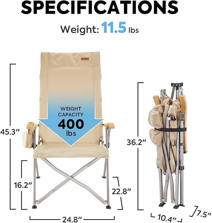 ICECO Adjustable Camping Chairs for Adults, Foldable High Back Camping Chair, Portable Folding Chairs for Outside, Reclining Outdoor Chair with Storage Bag, 400LBS, 10 Years Warranty