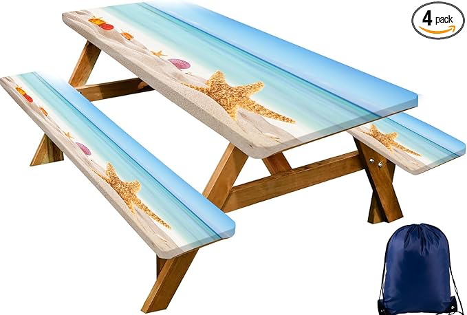 CAPSCEOLL Picnic Table Cover with Bench Covers Waterproof Camping Tablecloth All-Weather Outdoor Table Protector with Drawstring Bag for Camping Essentials, 72X30in, Sea Beach