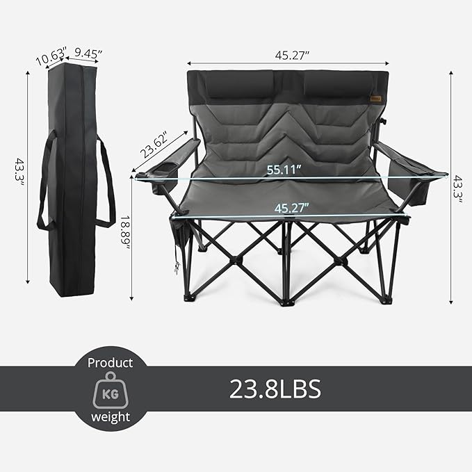 Folding Camping Chair - Oversize Camping Chairs for Adults, 2 Seat Folding Chair Support 650lbs with Pillows & Cup Holders & Cooler Bags- Heavy Duty Chair for Sports Garden Beach Fishing(Blackgray)