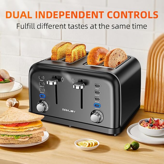 Black Toaster 4 Slice, Dual Independent Controls, Extra Wide Slot Toasters for Bagel, Bread, Waffles, 7 Shade Settings, 4 Main Functions, Removable Crumb Tray, 1500 Watts, Black Stainless Steel