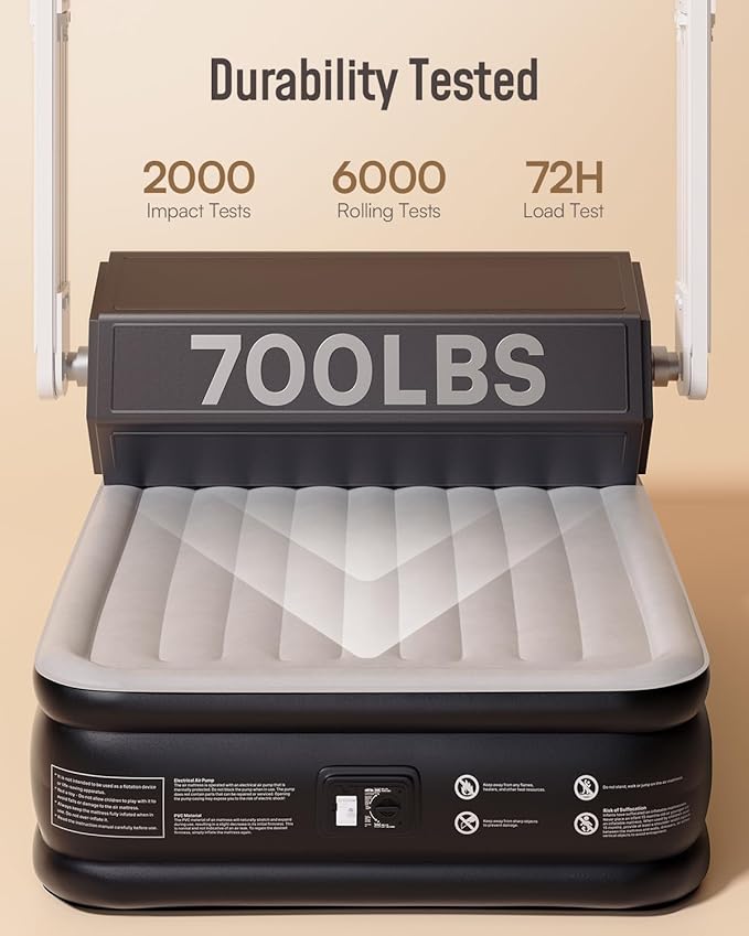 Airefina Queen Air Mattress with Built in Pump, Upgraded Comfort Blow Up Mattress Raised Inflatable Mattress for Guest Home Temporary Camping, Air Bed Queen Size, Colchones Inflables, 700lbs Max