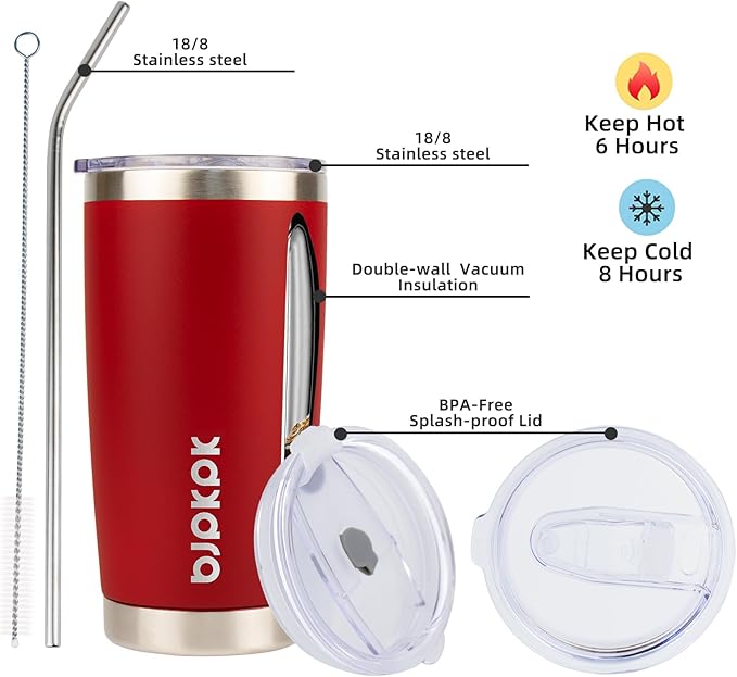 BJPKPK 20 oz Insulated Tumbler With Lid And Straw Stainless Steel Coffee Mug Tumblers Cups,Red