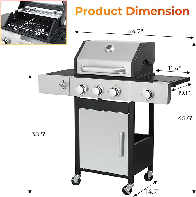 3 Burner Propane Gas Grill with Side Burner, Stainless Steel Outdoor Grill with Enameled Cast Iron Grates, 37230 BTU Gas Grill for Outdoor Barbecue BBQ Grill