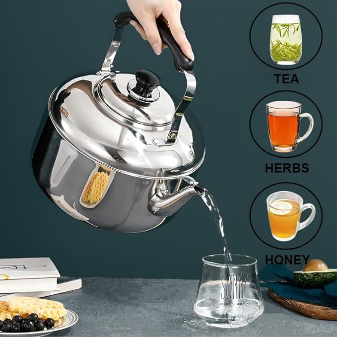 Chandler 5 Liter Tea Pots, Vintage Tea Kettle - 0.4mm Stainless Steel Pot - Hard to Dent | Ergonomic Handle with a Cool Grip | Portable Tea Kettle For Camping (Silver Color)
